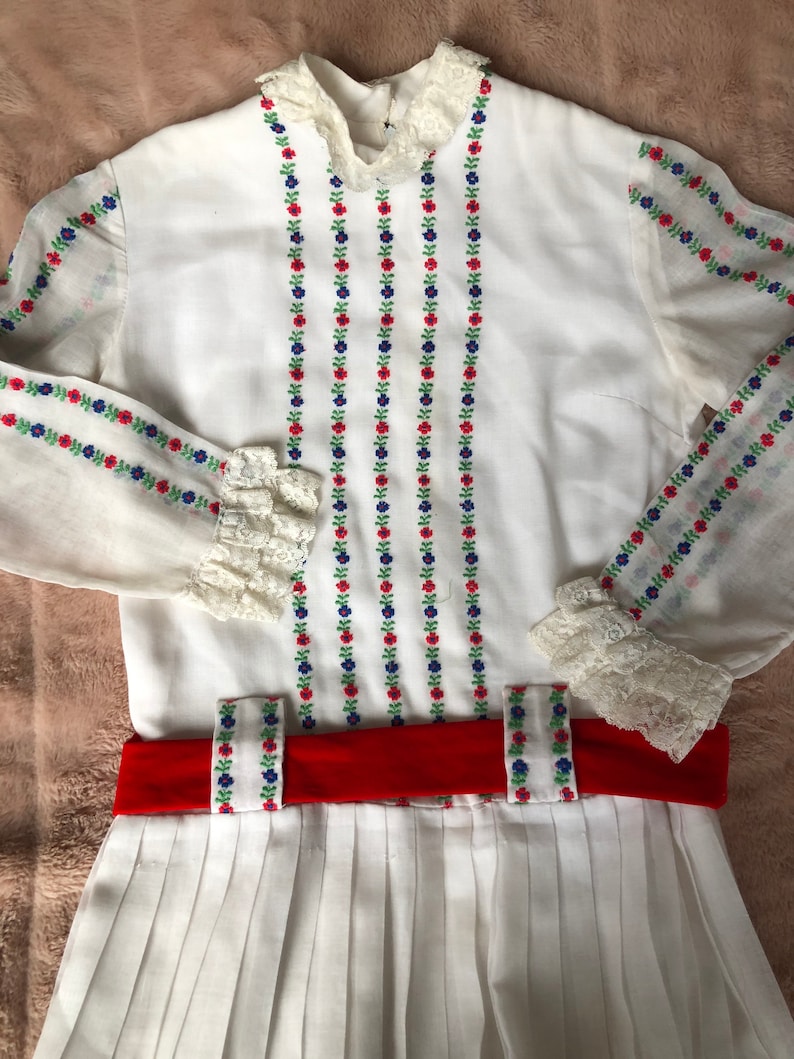 Vintage 1960s Peasant Style Folk Dress with Colored Embroidery on White Cotton for Young Girl, Please See Measurements image 2