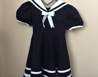 Vintage 4T Toddler Sailor Dress, Rare Editions, Navy with White Trim, Sailor Collar with Bow, Buttons & Fabric Ties at Back Size 4T, 4 Years