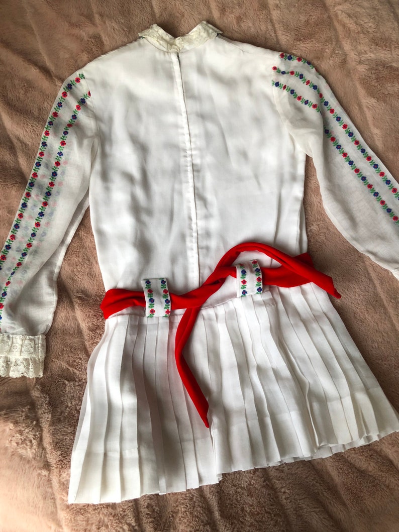 Vintage 1960s Peasant Style Folk Dress with Colored Embroidery on White Cotton for Young Girl, Please See Measurements image 4