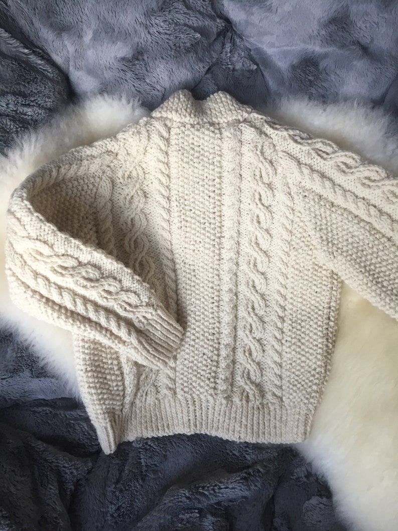 Vintage Hand Knit Cabled Fisherman Style Sweater Jumper for Baby See Measurements Beige Fishermen/'s Cardigan with Brown Buttons