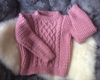 Vintage Hand Knit Dusty Pink CABLED Pullover Fisherman Sweater for Baby