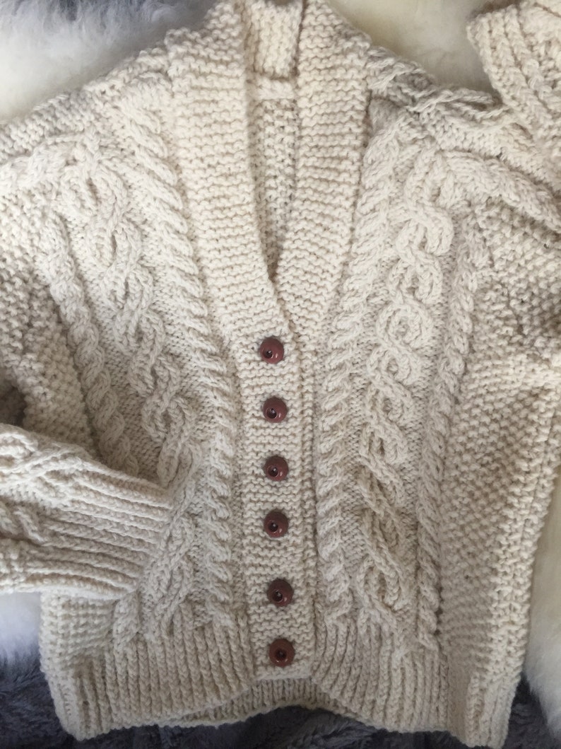 Vintage Hand Knit Cabled Fisherman Style Sweater Jumper for Baby See Measurements Beige Fishermen/'s Cardigan with Brown Buttons
