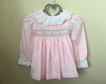 Vintage Pink Smocked Dress with Swiss Dot Fabric with Collar and Cuffs - Buttons and Fabric Ties in Back - Size 12 Months