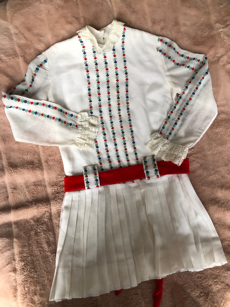 Vintage 1960s Peasant Style Folk Dress with Colored Embroidery on White Cotton for Young Girl, Please See Measurements image 3