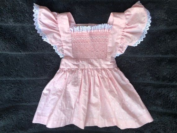 Vintage Apron Style Pink Smocked Dress for Baby -… - image 1