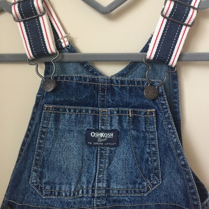 Classic Blue OSHKOSH Overalls with Elastic Straps, Distressed Denim - Baby Overalls Oshkosh Elastic Straps - Size 18 months