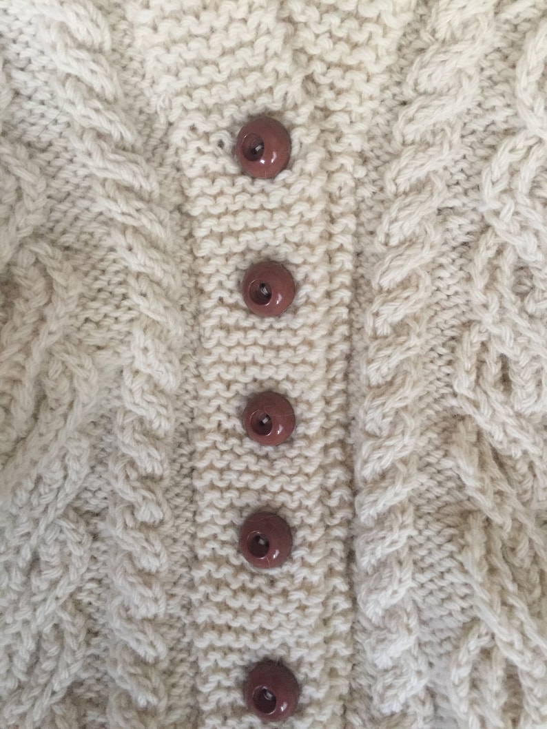 Vintage Hand Knit Cabled Fisherman Style Sweater Jumper for Baby See Measurements Beige Fishermen/'s Cardigan with Brown Buttons