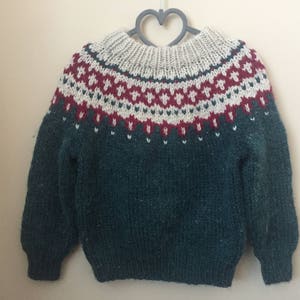 Vintage Hand Knit Lopi Style / Fair Isle Style Baby Sweater - Vintage Hand Knit Sweater Jumper for Baby - Blue-Green, Red