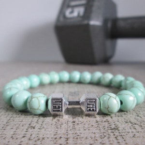 Dumbbell Barbell bracelet, Bodybuilder Gift, Bodybuilding jewelry, Fitness Bracelet, Motivation, Workout, Gym, Crossfit bracelet Fit Strong Green Howlite