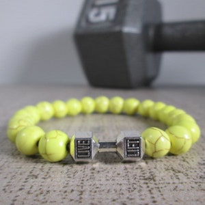 Dumbbell Barbell bracelet, Bodybuilder Gift, Bodybuilding jewelry, Fitness Bracelet, Motivation, Workout, Gym, Crossfit bracelet Fit Strong Yellow Howlite