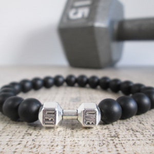 Dumbbell Barbell bracelet, Bodybuilder Gift, Bodybuilding jewelry, Fitness Bracelet, Motivation, Workout, Gym, Crossfit bracelet Fit Strong Black Onyx