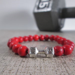 Dumbbell Barbell bracelet, Bodybuilder Gift, Bodybuilding jewelry, Fitness Bracelet, Motivation, Workout, Gym, Crossfit bracelet Fit Strong Red Howlite