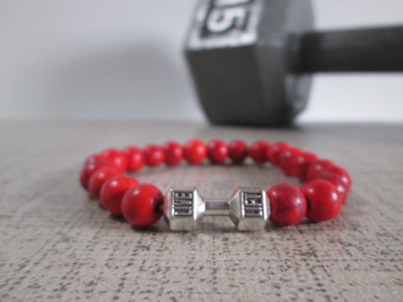 Dumbbell Barbell bracelet, Bodybuilder Gift, Bodybuilding jewelry, Fitness Bracelet, Motivation, Workout, Gym, Crossfit bracelet Fit Strong Red Howlite