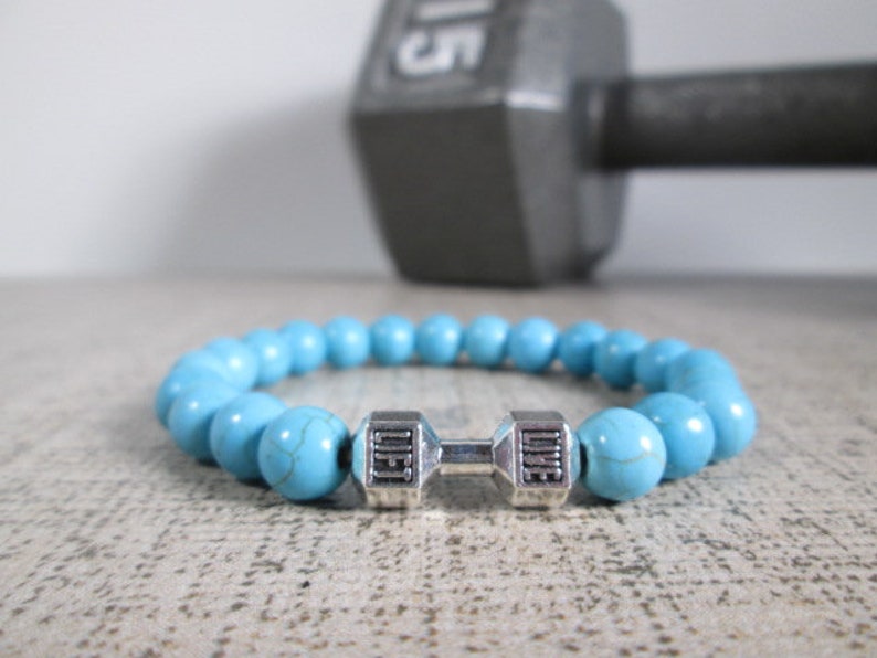 Dumbbell Barbell bracelet, Bodybuilder Gift, Bodybuilding jewelry, Fitness Bracelet, Motivation, Workout, Gym, Crossfit bracelet Fit Strong Blue Howlite