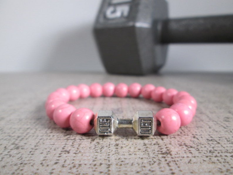 Dumbbell Barbell bracelet, Bodybuilder Gift, Bodybuilding jewelry, Fitness Bracelet, Motivation, Workout, Gym, Crossfit bracelet Fit Strong Pink Howlite