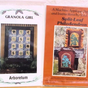 May include: Two packaged sewing patterns. One is titled "Granola Girl Arboretum" and features a quilt design with leaf patterns. The other is titled "Split-Leaf Philodendron" and shows a pillow and tote bag with a leaf design.