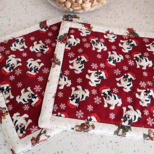 FRENCH BULLDOGS in Santa Hats, Handmade Pot Holders, Set of 2