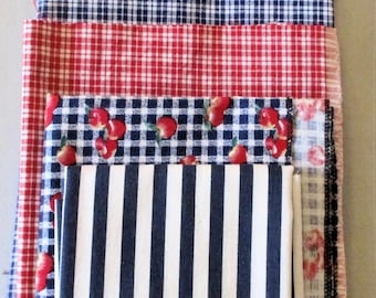 Fabric, BLUE & RED Stripes and Plaids, 6 pieces, over 2 yards of fabric