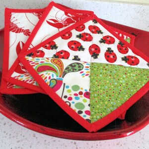 May include: Three red-trimmed fabric pot holders with different patterns. One has a red lobster design, another has ladybugs, and the third has a paisley design with colorful dots.