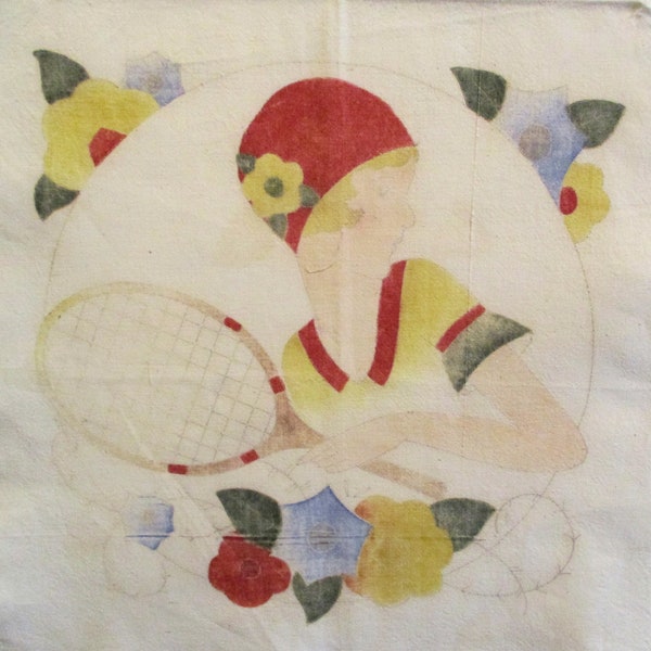 TINTED DECO LINEN Pillow Top to Embroidery, Vintage 1930s