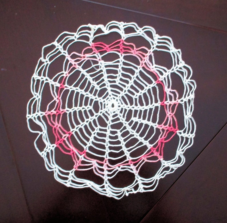 Round Doily HAND CROCHETED DOILIES Vintage 1950s Doily Pink and White Doily Lot of Two