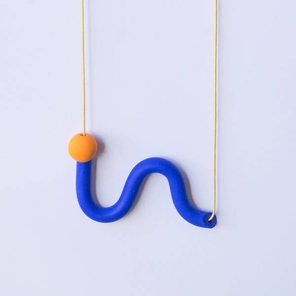 Electric Blue and Orange Squiggle Necklace