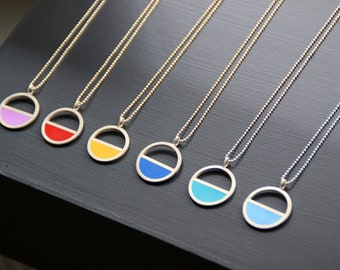 Silver Enamel Semi Circle Pendant Necklace.