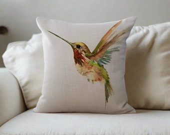 Hummingbird Bird Linen Pillow Case | Bird Throw Pillow Outdoor | Bird Cushions
