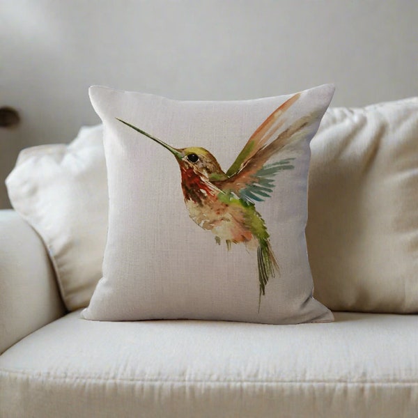 Hummingbird Bird Linen Pillow Case | Bird Throw Pillow Outdoor | Bird Cushions