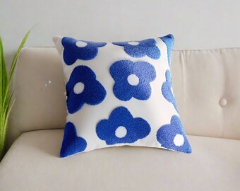 Embroidery Blue Nordic Flower Throw Pillow Cover | Outdoor Pillow