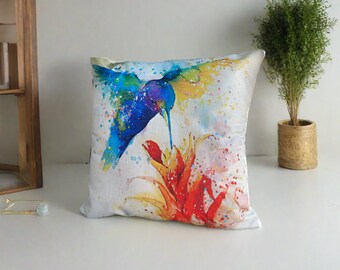 Blue Hummingbird Bird with Red Flowers Oil Painting Decorative Throw Pillow Cover | Bird Outdoor throw pillow | Bird Gifts