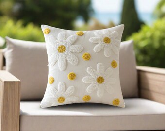 Embroidery White Daisy Flower Throw Pillow Covers | Outdoor Floral Pillow | Pillow Gift | Floral Pillow