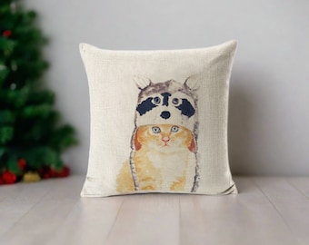 Funny Yellow Cat With Raccoon Hat Decorative Throw Pillow Cover | Orange Cat Pillow | Short Hair Funny Cat Gift