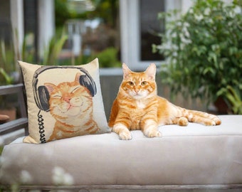 Ginger Tabby Cat With Headphone Pillow Cover | Christmas Gift | Cat Gift | Cat Pillows