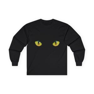 Black Cat GREEN Eyes Long Sleeve Tee, Top Pick for Halloween, and the everyday Cat lover.  Cattitude, brought to you by HappEplace.
