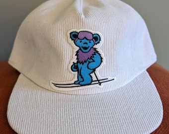 Grateful Dead Skiing Bear Hat | White Corduroy 5 Panel Cap | Retro Deadhead Winter Gift | Vintage Style Snowboard Hat | Small Batch Snapback