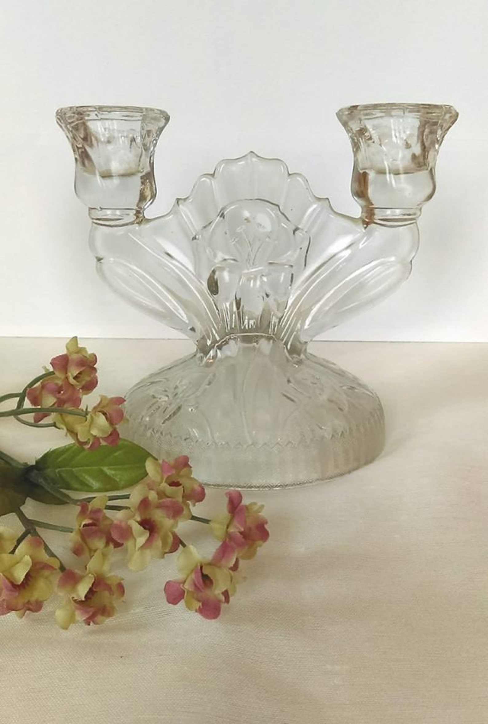 Iris and Herringbone Depression Glass Double Candle Holder | Etsy