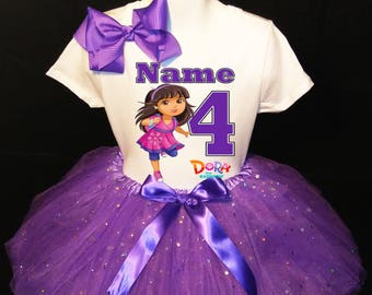 Dora The Explorer***With NAME*** 4th fourth 4 Birthday Dress Fast Shipping party Shirt and Purple Tutu outfit Personalized