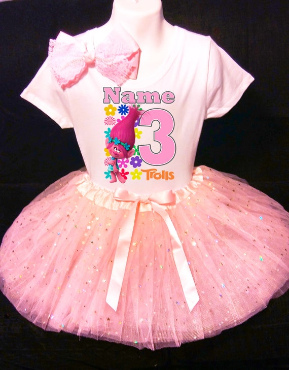 NAME Third 3rd 3 Bday Shirt Poppy Fuchsia Tutu Dress Trolls