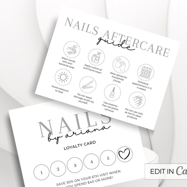 Customize Nails Aftercare Card Template, CANVA Loyalty Card, Nail Care Card Template, Nail salon Card For Nail tech, Nails Business Card