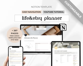 Plantilla de Notion para planificador de tienda Etsy con planificador de vida, planificador de negocios de Notion, planificador de vendedores de Etsy, pequeñas empresas, planificador de comercio electrónico