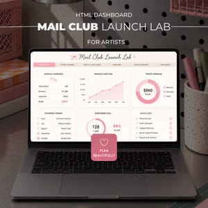 May include: A laptop screen displaying the Mail Club Launch Lab HTML dashboard for artists. The interface features a monthly overview, revenue graphs, profit charts, subscriber goals, and quick links in a pink and white colour scheme with text.