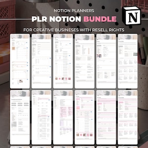 Può includere: Un pacchetto digitale di planner Notion che presenta dodici screenshot verticali di modelli organizzativi. Il testo recita NOTION PLANNERS, PLR NOTION BUNDLE e FOR CREATIVE BUSINESES WITH RESELL RIGHTS, insieme all'icona del logo Notion.