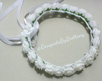 White rose crown, Flower girl crown, gift for girl, flower headband, baby shower flower crown