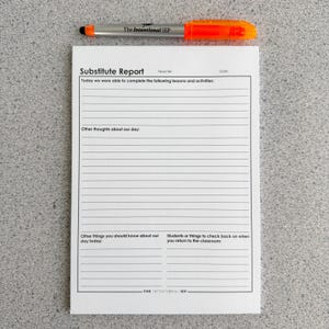 May include: A white paper notepad titled Substitute Report with black printed lines and sections for teacher notes, date, lesson completion, and classroom feedback, accompanied by a silver and neon orange pen labeled The Intentional IEP.