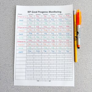 May include: A white sheet of paper titled "IEP Goal Progress Monitoring" with data tables and student names. Colored pens, orange and yellow, are on the right side of the paper. The text "The Intentional IEP" is at the bottom.