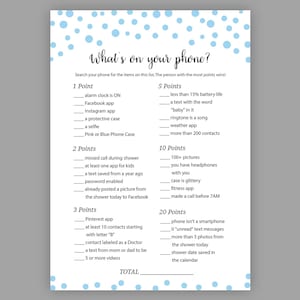 Blue Baby Shower Games, Whats on your Phone, Printable Baby Shower, Boy Baby Shower, Cell Phone Game, Whats in your Phone, Blue Dots, S043