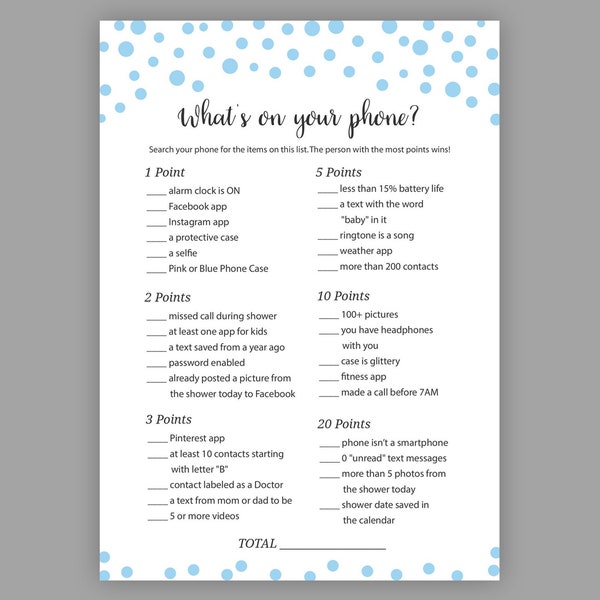 Blue Baby Shower Games, Whats on your Phone, Printable Baby Shower, Boy Baby Shower, Cell Phone Game, Whats in your Phone, Blue Dots, S043