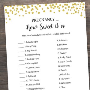 Schwangerschaft Wie süß es ist, Gold Baby Shower, Candy Match Spiel, druckbare Baby Shower, Candy Baby Shower Spiele, Gold Candy Bar Spiel, S007