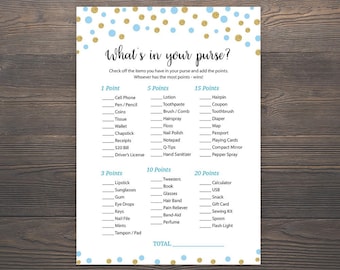 Blue Gold, Baby Shower Games, What's in your Purse, Printable Baby Shower, What's in your bag game, baby boy shower games, S005